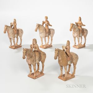 Five Chinese Pottery Equestrian Tomb Figures