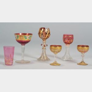 Six Pieces of Enameled Moser Glass