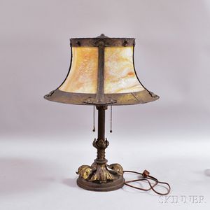 Arts & Crafts-style Metal and Caramel Slag Glass Table Lamp