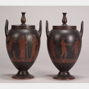 Pair of Wedgwood Encaustic Decorated Black Basalt Vases and Covers