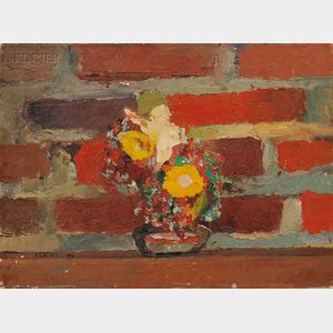 Isadore Levy (American, 1899-1989) Floral Still Life with Brick Wall