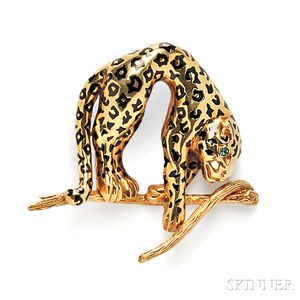 18kt Gold and Enamel Leopard Brooch