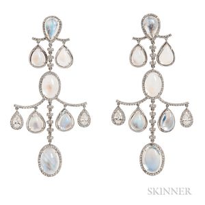 Platinum, 18kt White Gold, Moonstone, and Diamond Earclips, Fred Leighton