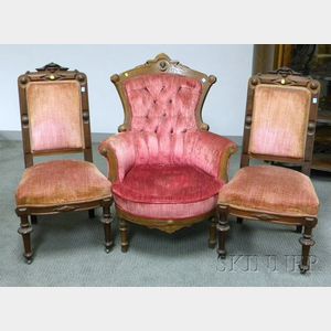 Victorian Renaissance Revival Upholstered Carved Walnut Parlor Armchair and a Pair of Side Chairs.