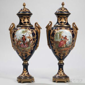 Pair of Large French Cobalt-decorated Porcelain Vases