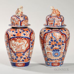 Two Imari-decorated Porcelain Temple Jars with Lids