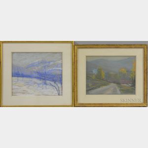 American School, 20th Century Two Pastels: Winter Orchards and Mountains