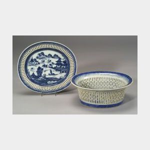 Canton Reticulated Oval Porcelain Fruit Basket with an Underplate