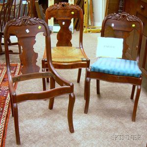Set of Five Empire Carved Mahogany and Mahogany Veneer Side Chairs.
