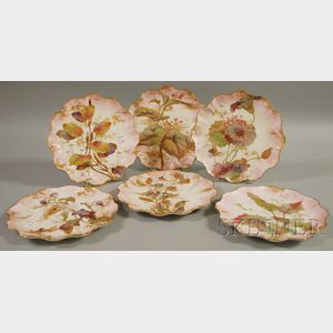 Set of Six Doulton Lambeth Gilt Enameled and Hand-painted Foliate-decorated Plates with Ruffled Rims