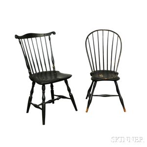Black-painted Bow-back and Green-painted Fan-back Windsor Side Chairs