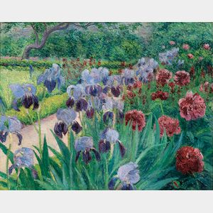 Mariquita Gill (American, 1861-1915) Garden Scene with Iris and Peonies