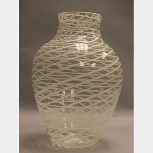 Modern White Threaded Colorless Glass Vase.