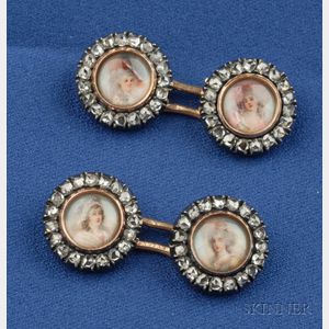 Antique Portrait Miniature and Diamond Cuff Links, Tiffany & Co., France