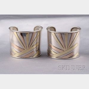 Pair of Sterling Silver and 18kt Gold Cuff Bracelets, Cartier