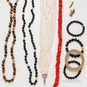 Group of Beaded Necklaces and Two 14kt Gold Figural Charms