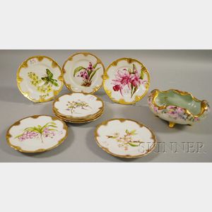 Set of Eight Limoges Porcelain Hand-painted Botanical-decorated Dessert Plates and a Bavarian Footed Bowl