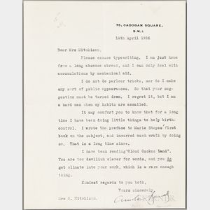 Bennett, Arnold (1867-1931) Typed Letter Signed, 14 April 1926.