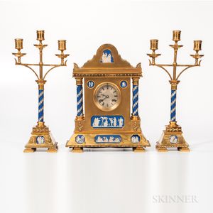Three-piece Gilt-bronze-mounted and Wedgwood Jasper-inset Clock Garniture