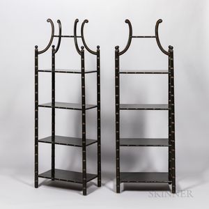 Pair of Black-painted Bamboo-turned Chinese-style Etageres