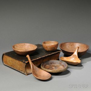 Three Burl Bowls, a Brass-bound Burl Plate, Two Carved Scoops, and a Book-form Box