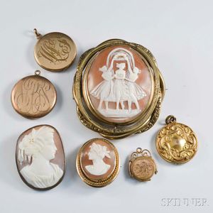 Group of Victorian Gold-filled Lockets and Cameo Brooches