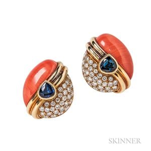 18kt Gold, Coral, Sapphire, and Diamond Earclips
