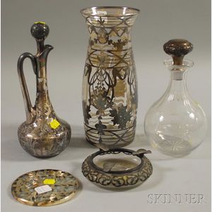 Five Sterling Silver Overlay and Mounted Colorless Glass Table Items