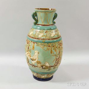 Large Green-glazed Ceramic Vase with Roosters
