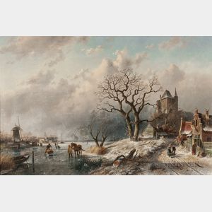 Charles Henri Joseph Leickert (Dutch, 1816-1907) Animated Winter Landscape with Skaters