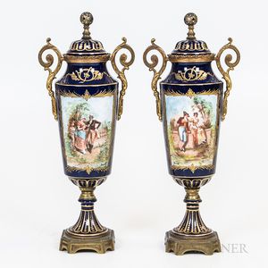 Pair of Sevres-style Hand-painted Porcelain Urns