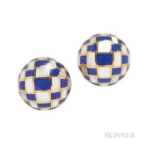 18kt Gold, Lapis, and Mother-of-pearl "Basket Weave" Earrings, Tiffany & Co.