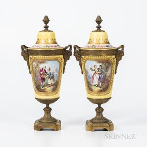 Pair of Gilt-bronze-mounted Yellow Ground Sevres-style Urns