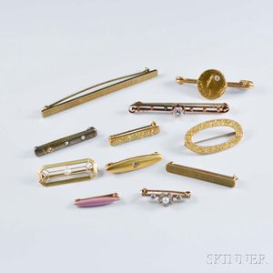 Eleven 14kt Gold Bar Brooches