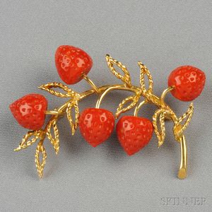 14kt Gold and Coral Strawberry Brooch