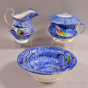 Three-piece Peafowl-decorated Blue Spatterware Chamber Set