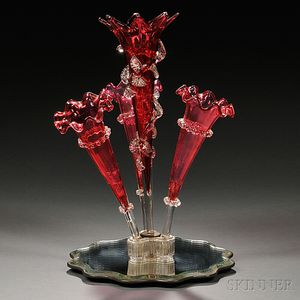 Victorian Cranberry Glass Epergne