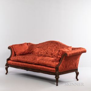 Chippendale-style Carved Mahogany Red Silk-upholstered Sofa