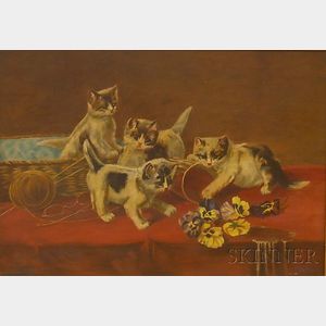 Late 19th Century American School Oil on Canvas Depicting Kittens at Play on a Tabletop