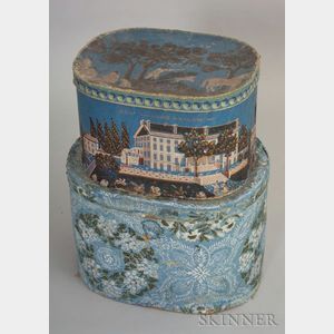 Two Blue Wallpaper Covered Bandboxes