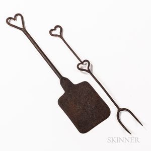 Two Heart-decorated Wrought Iron Hearth Implements