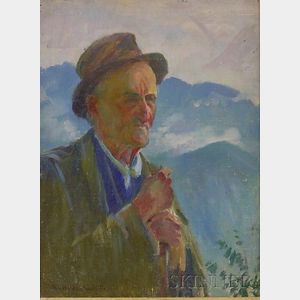 Framed Oil on Canvasboard Portrait of a Man with Distant Mountains by Howard Logan Hildebrandt (American, 1872-1958)