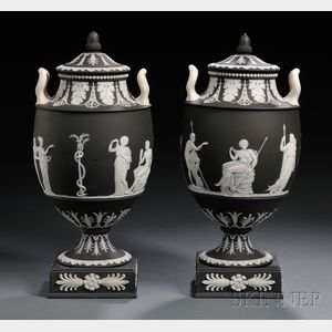 Pair of Wedgwood Solid Black Jasper Vases and Covers