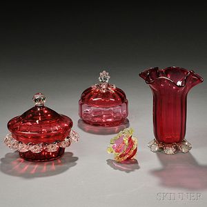 Four Pieces of Cranberry Glass with Applied Decoration