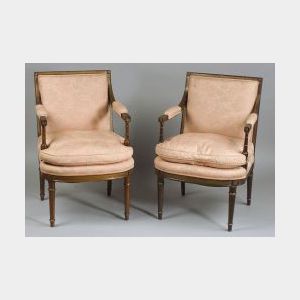 Pair of Empire-style Faux Grained and Gilt Decorated Open Armchairs