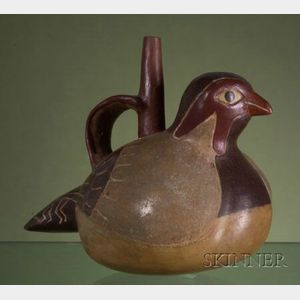 Pre-Columbian Polychrome Pottery Spout and Strap Effigy Vessel
