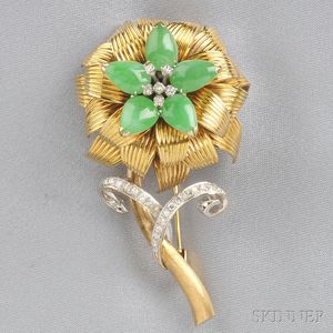 14kt Gold, Jadeite, and Diamond Flower Brooch