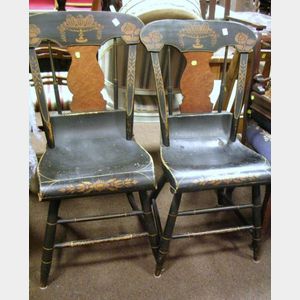 Pair of Baltimore Painted and Stencil Decorated Side Chairs with Birds-eye Maple Splat.