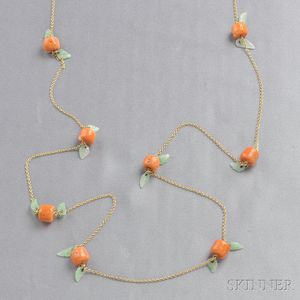 14kt Gold, Coral Bead, and Carved Jade Necklace
