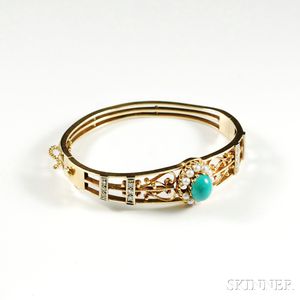 14kt Bicolor Gold, Turquoise, Pearl, and Diamond Bangle